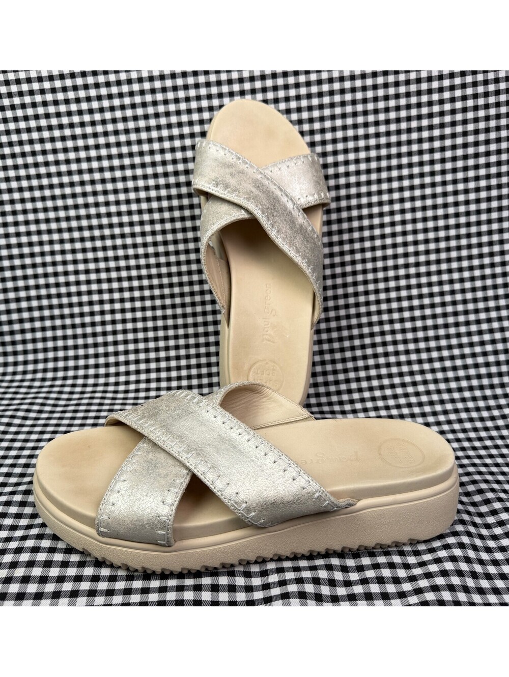 Paul Green Silver Metallic Slide Sandals UK 7.5 US 10 Leather Platform Comfort